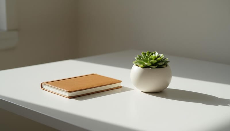 Bureau minimal avec carnet ouvert, symbole de réflexion